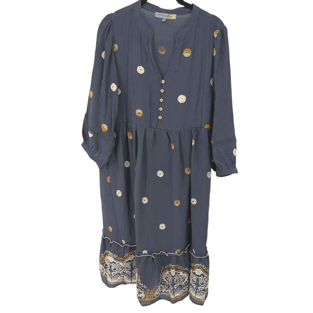 Figueroa & Flower Midi Dress Women Medium Blue Embroidered Boho Cottagecore